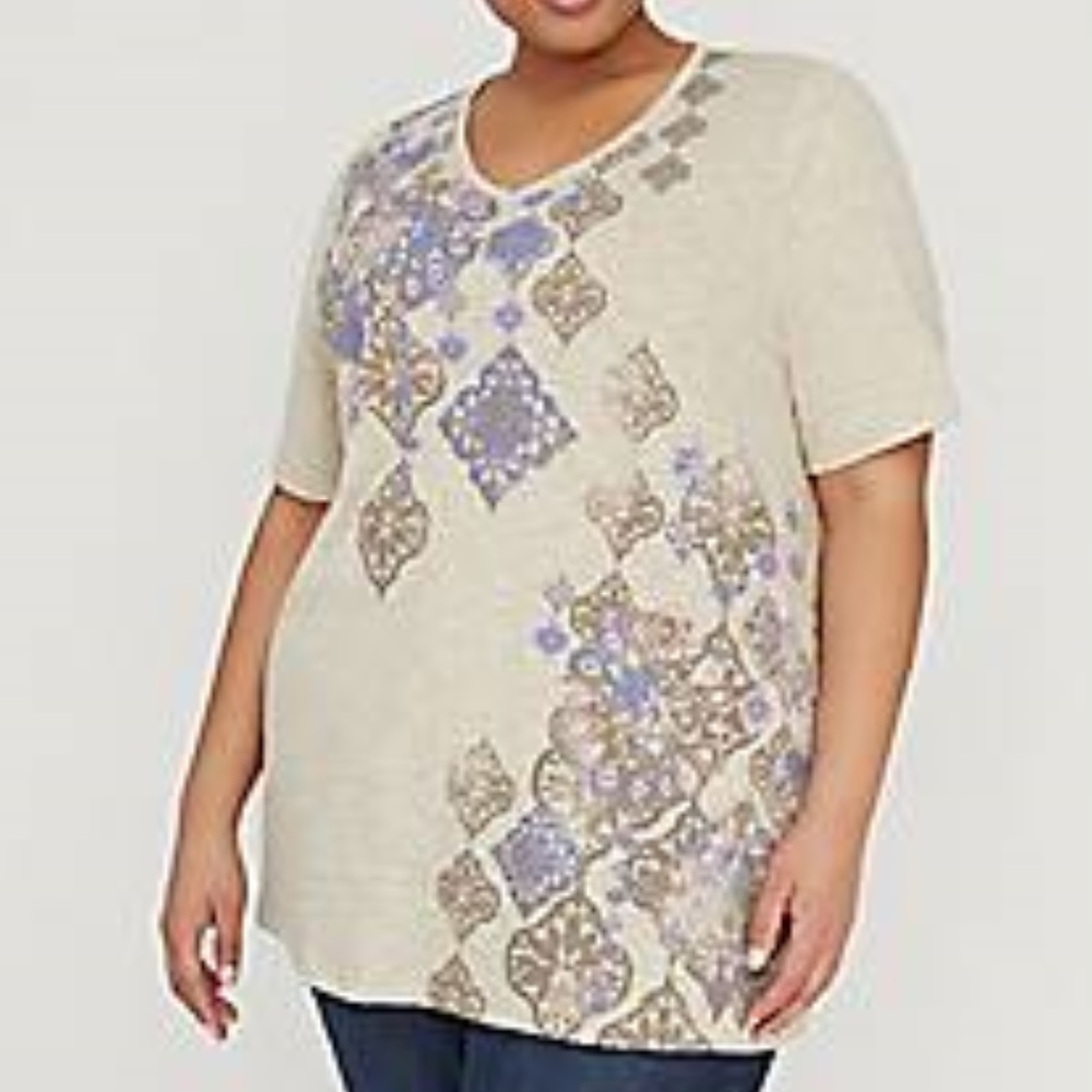 COPY - Catherines V Neck Tee Top Tan Blue Plus Pe…